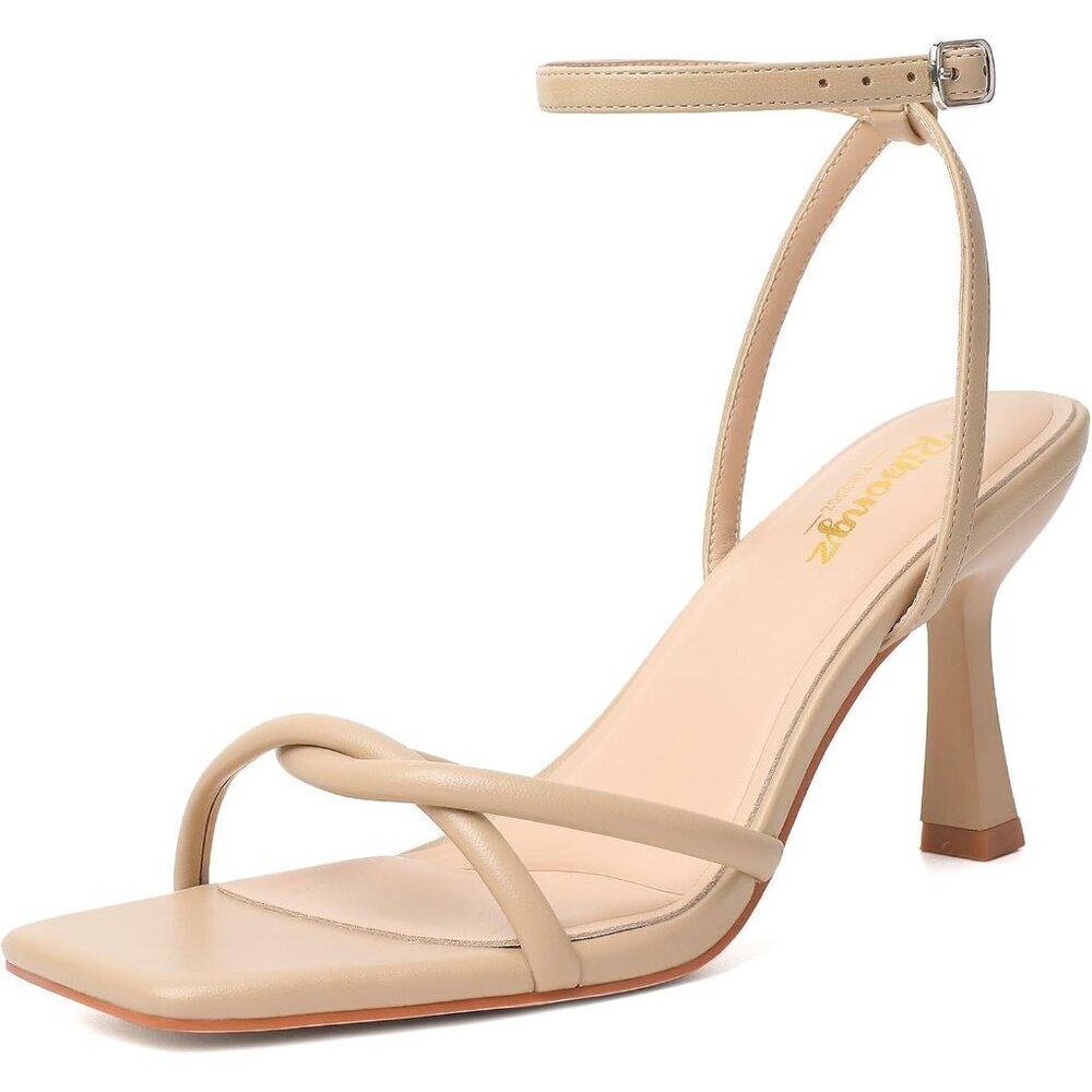 Women's Tan Square Open Toe Kitten Strappy Ankle Strap Heeled Sandals Shoes